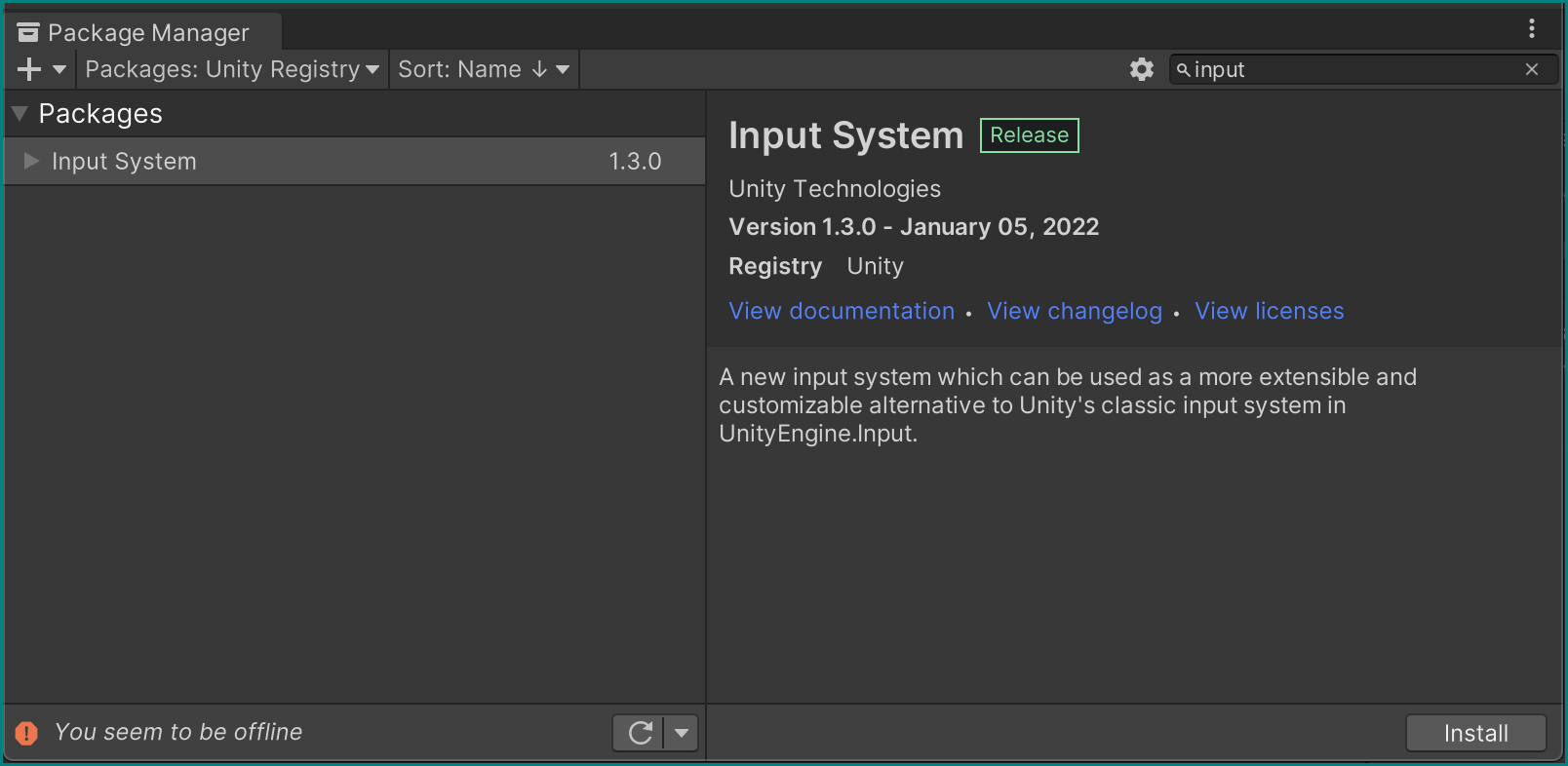 Installing the Input System Package